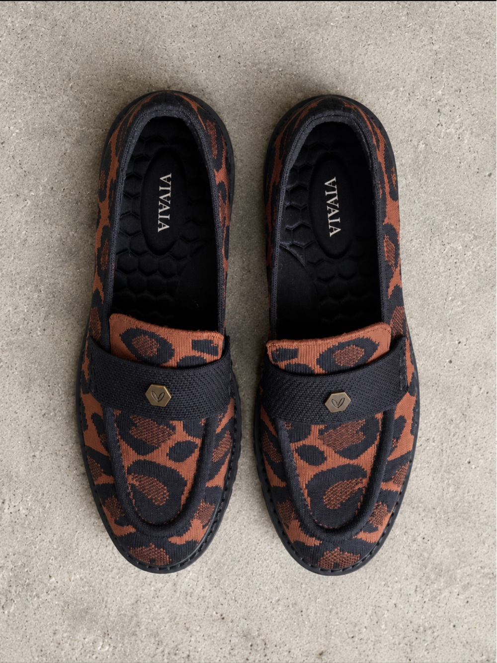 VIVAIA Francesca Leopard Print Knit Loafers Lug Sole EU 37.5 US 7 Brown Black